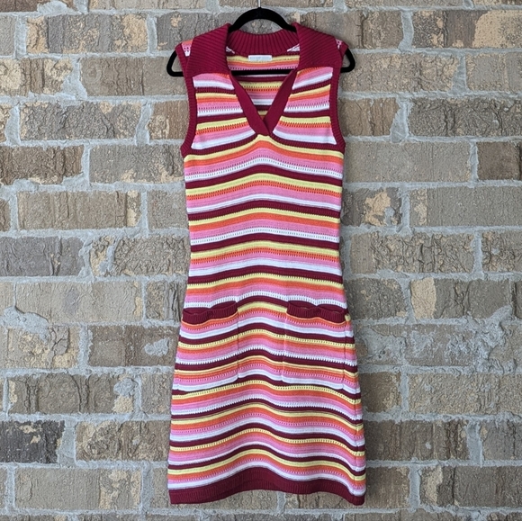 Design History Dresses & Skirts - Design History Striped Midi Crochet Dress Size Medium Red Orange Yellow Pink